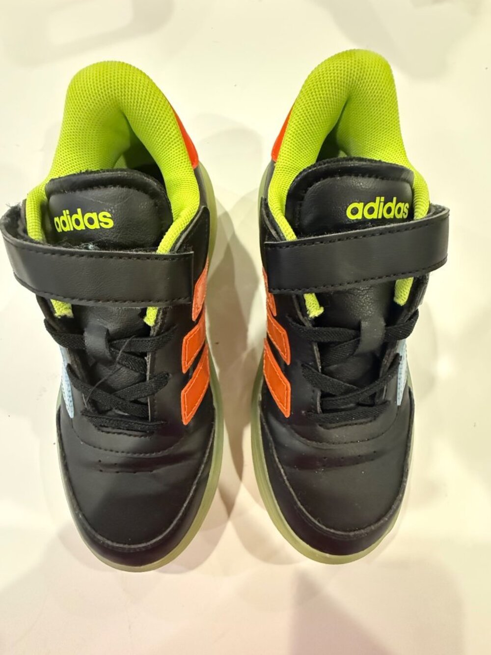 Adidas Kids Black Sneakers With Neon Green & Orange Accents Size 2 US Velcro Str